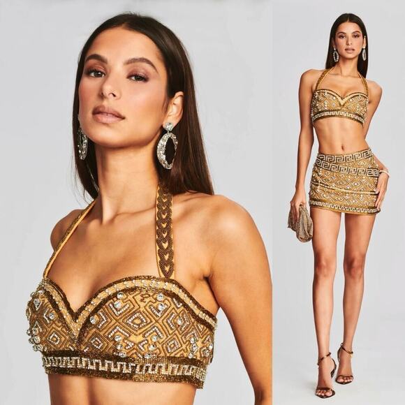 Retrofete Tops - Retrofete NWT Kala Sequin Bra Halter Top Geometric Beading Gold Size Medium
